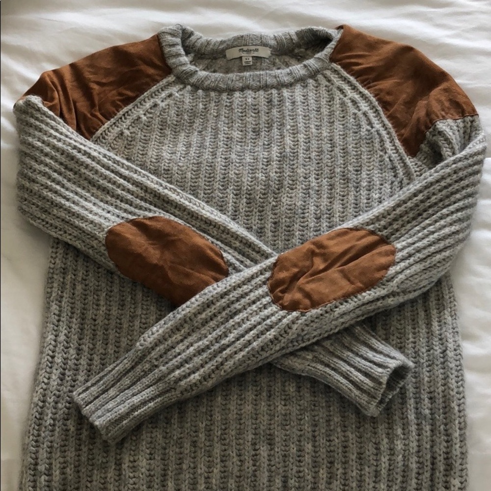 Madewell sweater with suede tan patches